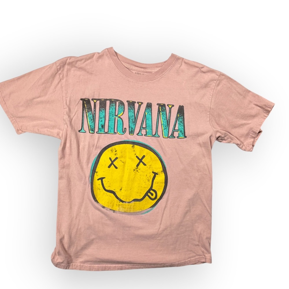 Nirvana Smiley Face Graphic T-Shirt Pink Cotton Rock Band Tee S/M